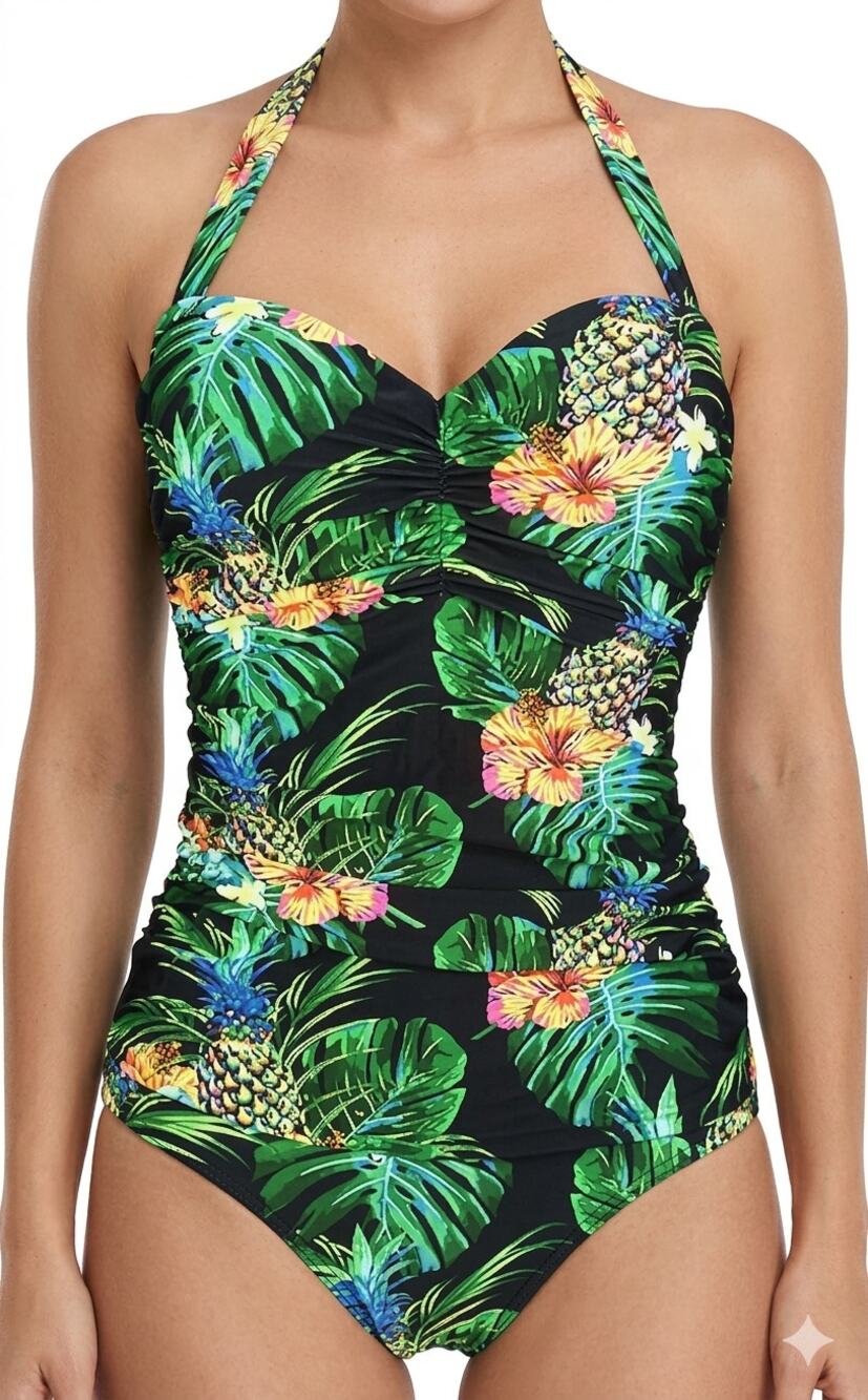 Cocoship Green Black Pineapple Palm Tropical One Piece Halter Bathing Suit Sz 8
